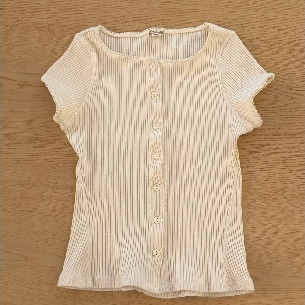 Free People Ivory Ribbed Button-Down Shirt